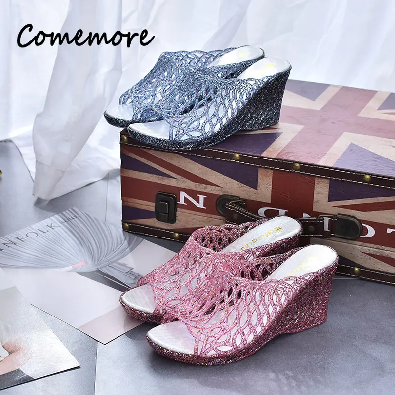 Comemore Bling Wedges 2023 Summer High Heel Shoes Woman Casual Jelly Shoe Slip on Female Fashion Slides Women Platform Slippers