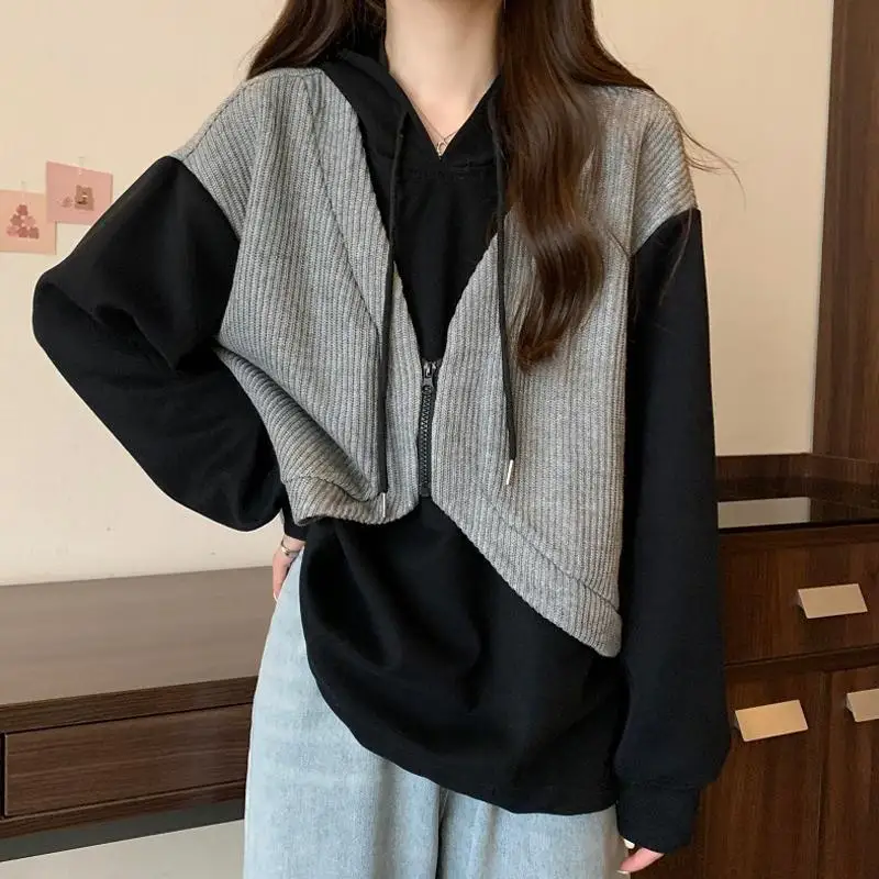 New Style Autumn and Winter Women\'s Contrasting Color Hooded Long Sleeve Fake Two Pieces Oversized Fashionable Casual Tops