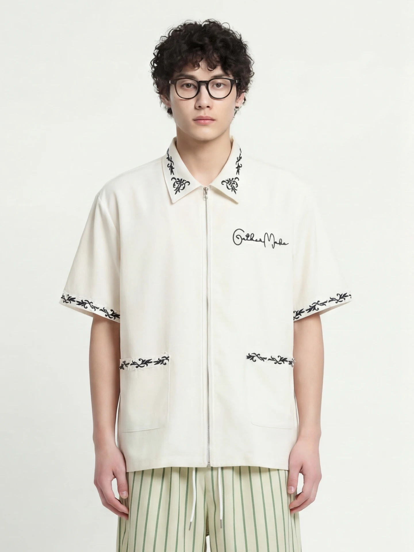 

Loose ort Sve irt from Barbed Wire Embroidered Collar Zipper Letter Cuban Collar Double ket Casual Sle Polye...