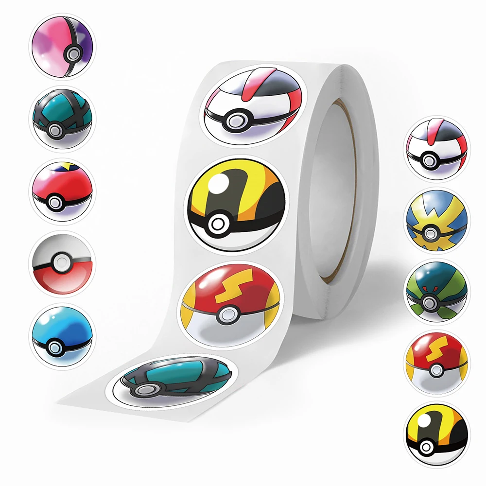 500PCS Cartoon Animation Pokemon Poke Ball Sticker Roll Tape Hand Account DIY Decorative Sealing Sticker Waterproof Cup Toy