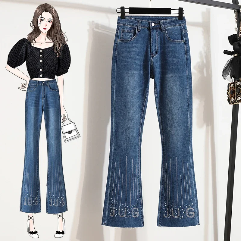 

Flare Jeans Female Large Size Spring And Fall New Korean Fashion Diamond-Encrusted High-Waisted Nine-Minute Casual Pants Z795