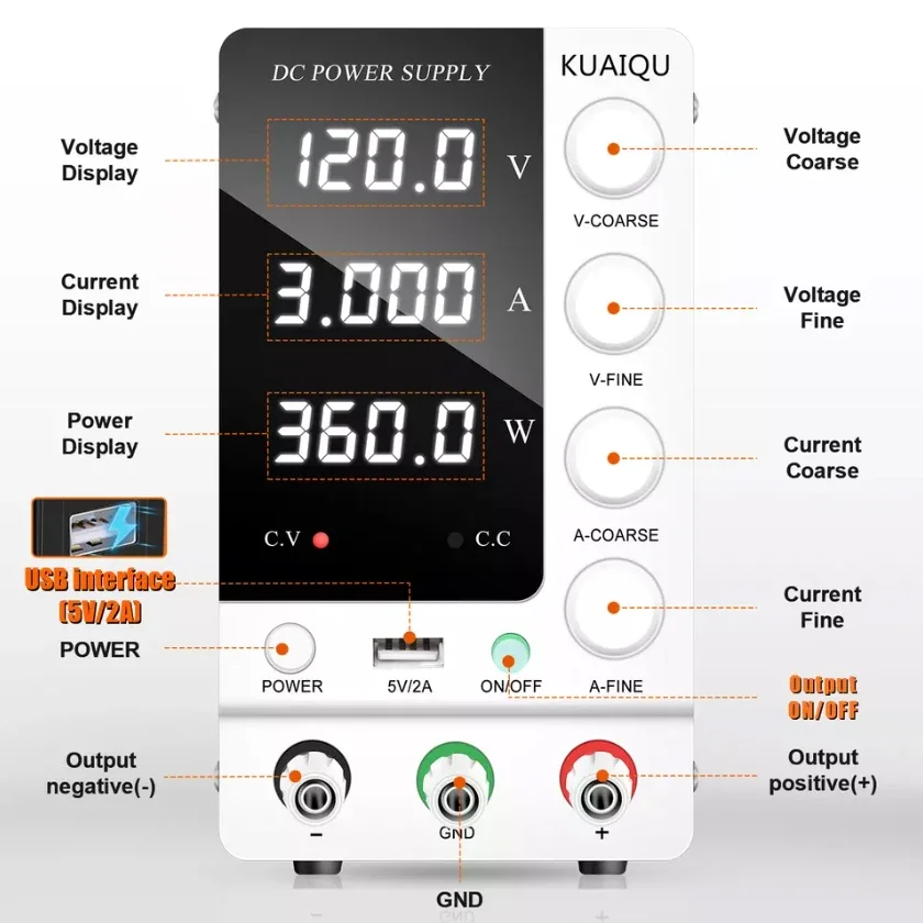 Variable Output Range 0~120V/0~3A DC Bench DC Power Supply Variable With 5V/2A USB Output Interface For Repairing