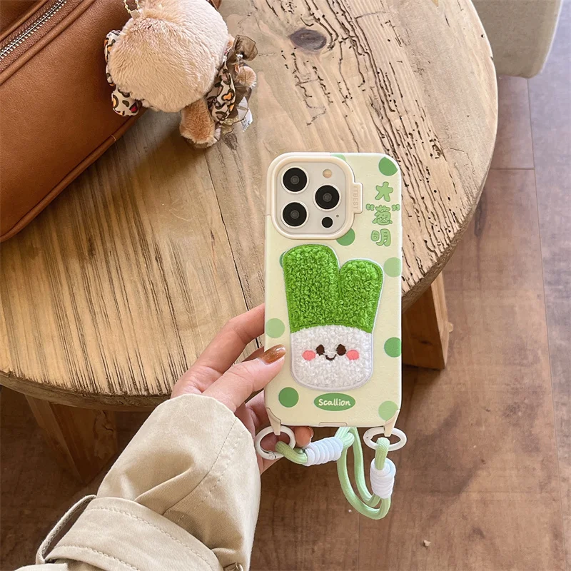 Cute embroidered banana and scallion phone case with wrist strap for iPhone 11 12 13 14 15 16 promax