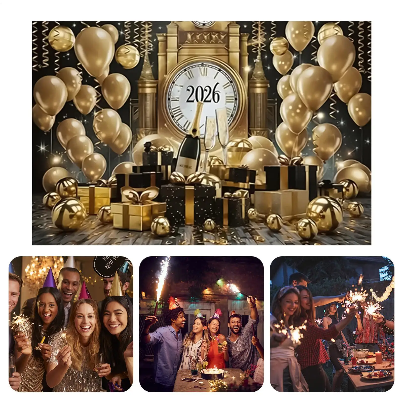 لافتة سنة جديدة سعيدة مقاس 7 × 5 أقدام ذهبية 2026 خلفية جدار علامة زينة السنة الجديدة للحفلات الداخلية والخارجية وعيد الميلاد والمكتب المنزلي #3