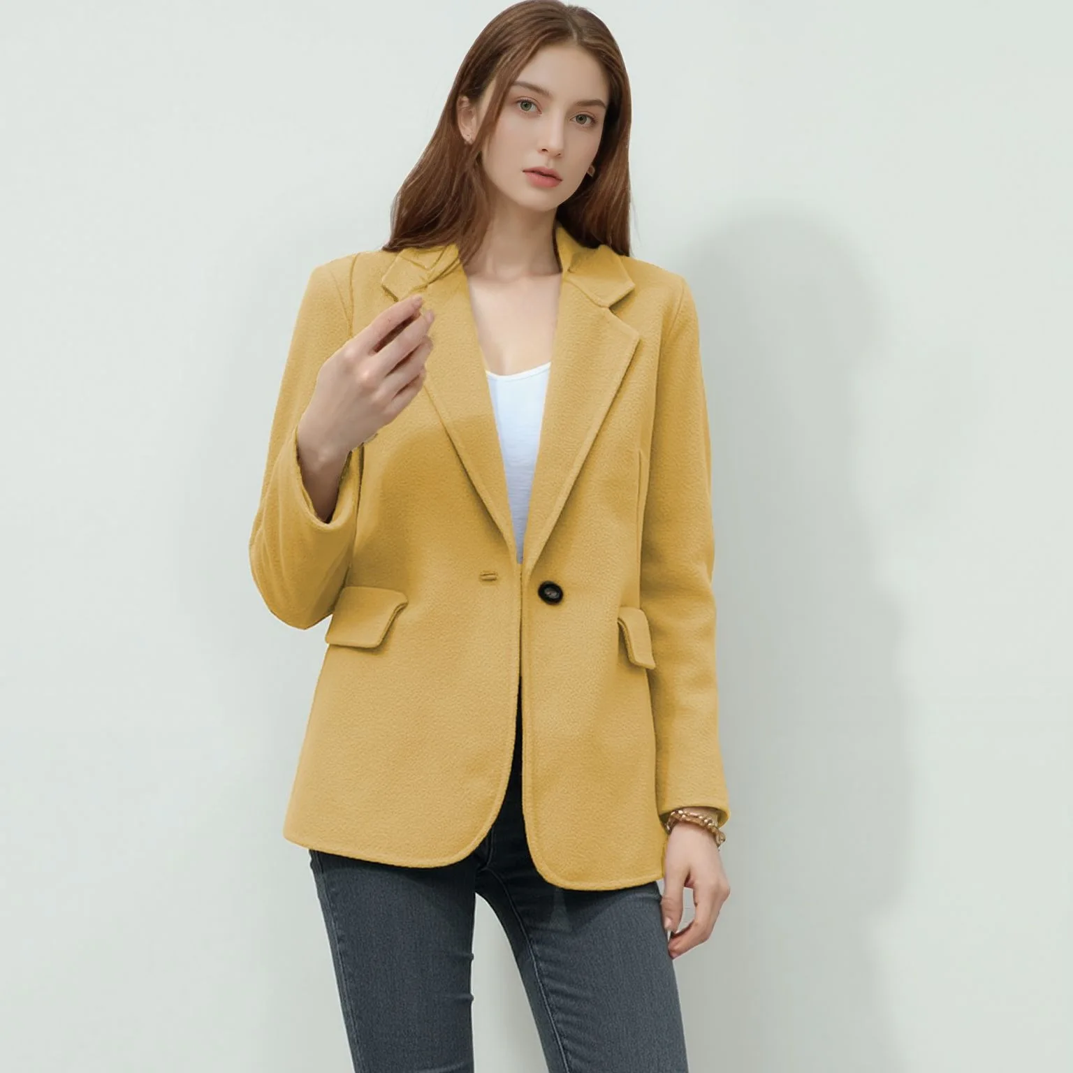 Dames herfst casual wollen reverszak vrouwelijk jasje effen kleur enkele knop pak jas vrouwelijke blazer bovenkleding