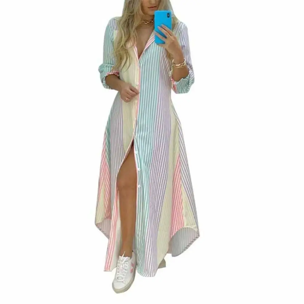 Long Sleeve Colorful Stripe Print Button Shirt Dress Fork Opening Single Breasted Button Boho Printed Long Shirts Dress Art