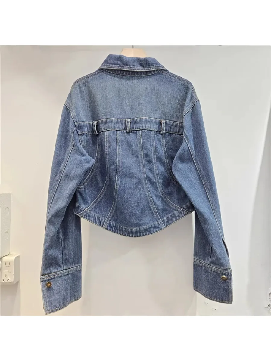 GALCAUR Blue Spliced Diamond Slimming Jacket Female Lapel Long Sleeve Basics Temperment Women's Jackets Style Fashion Clothing