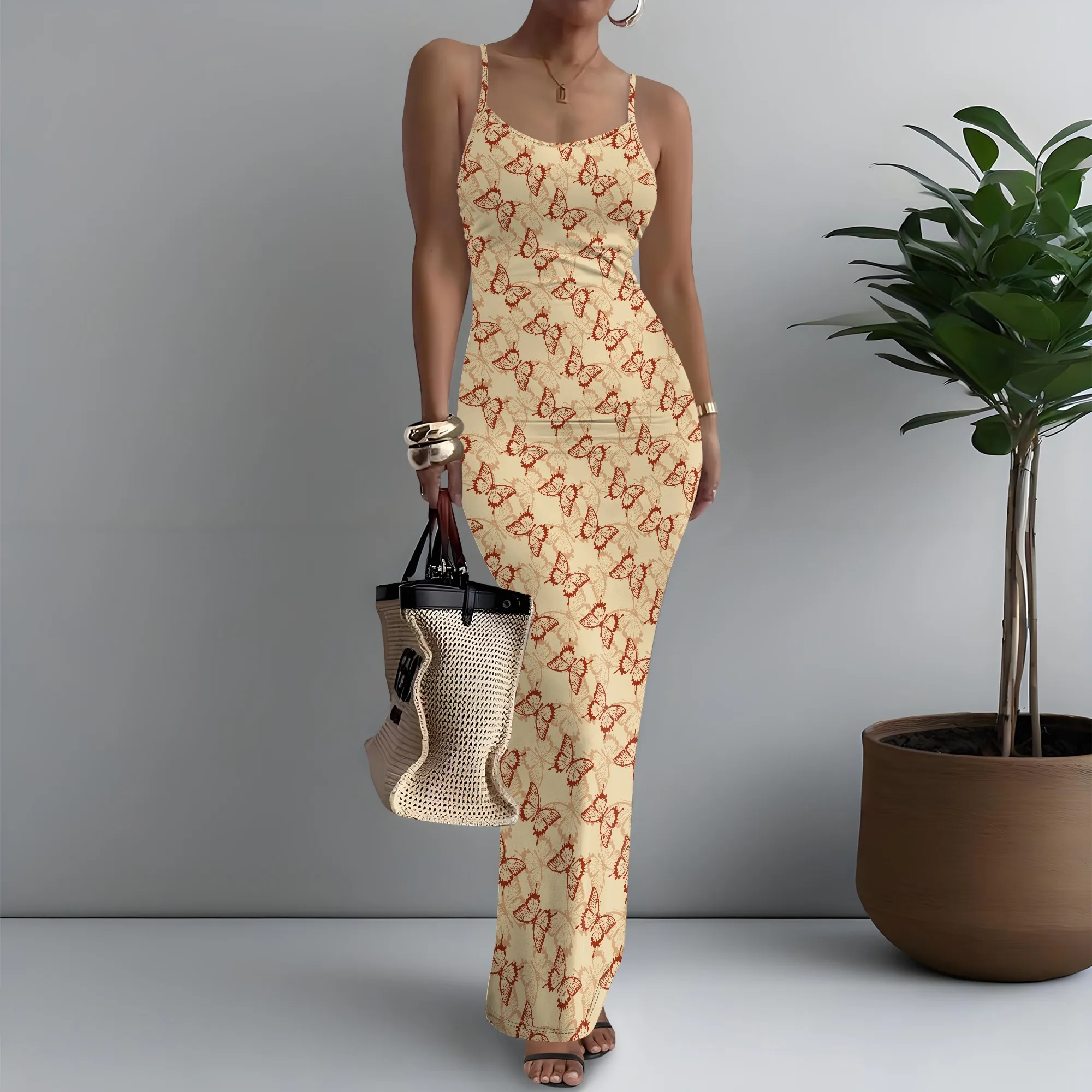

Women's Spaghetti Strap Maxi Dress Cottagecore Butterfly Print Pleasant XS-3XL