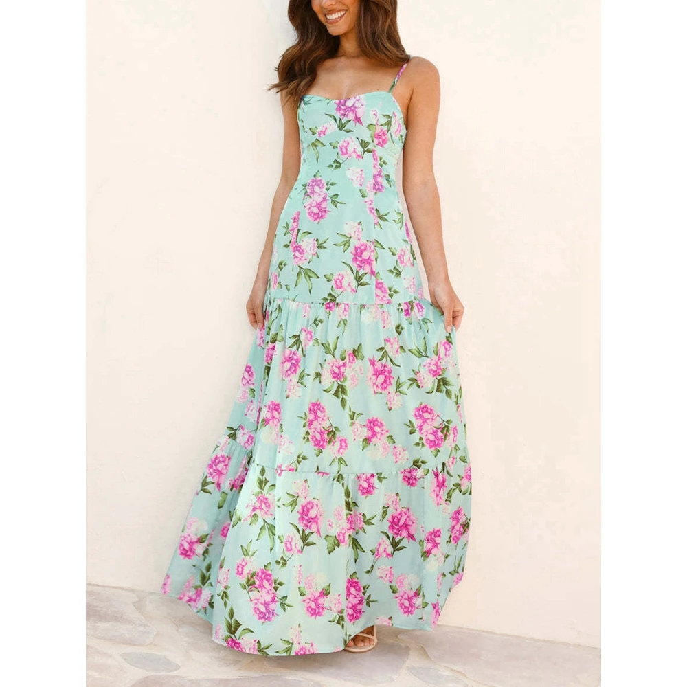 꽃 프린트 드레스 여름 스파게티 스트랩 맥시 민소매 셔링 가운 셔링 컷 아웃 백 여성 드레스 휴가 보헤미안