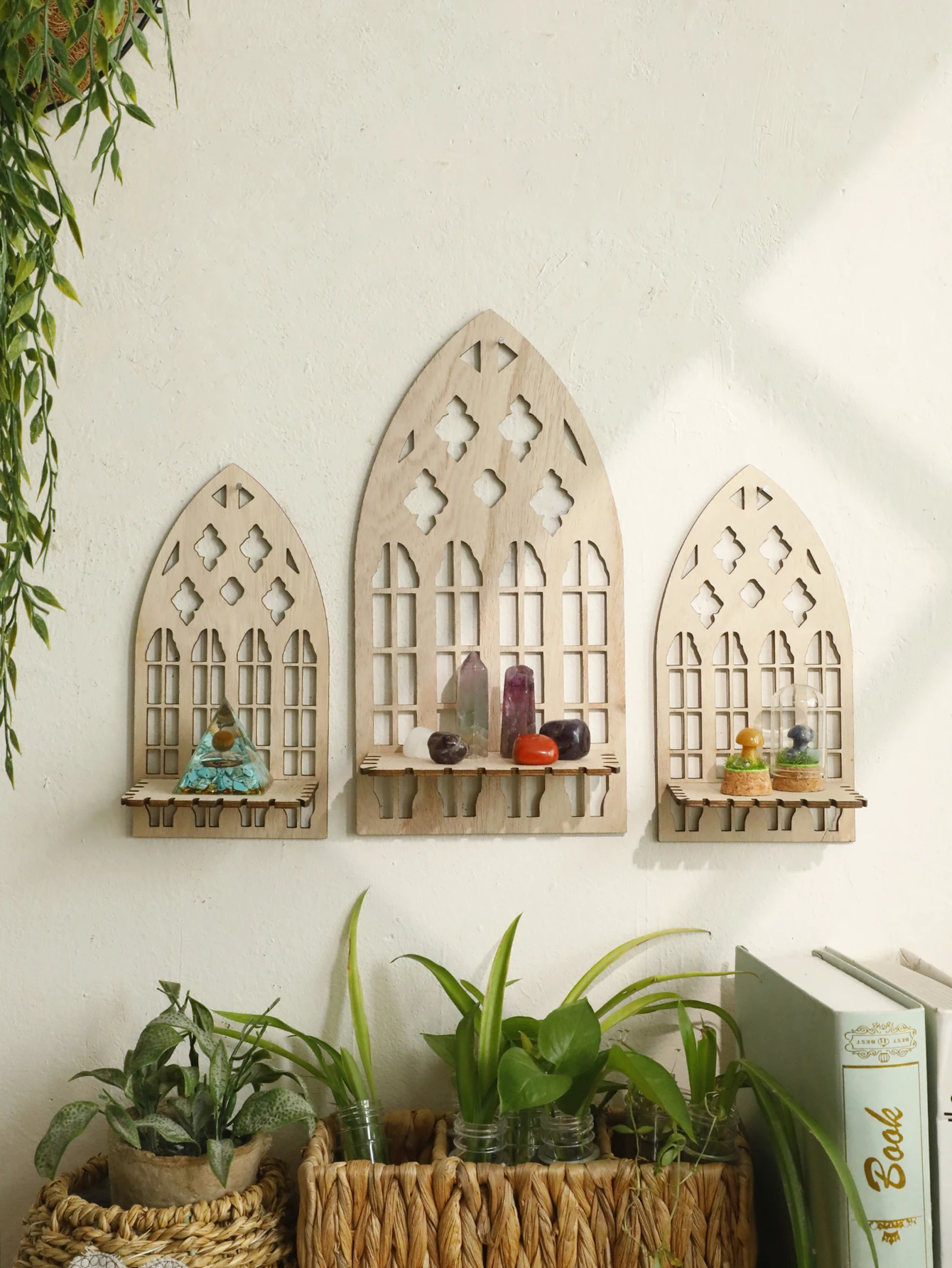 3Pcs Wooden Crystal Display Shelf – Gothic Cathedral Wall-Mounted Rack Boho Home Decor for Stones, Minerals, Healing Crystals