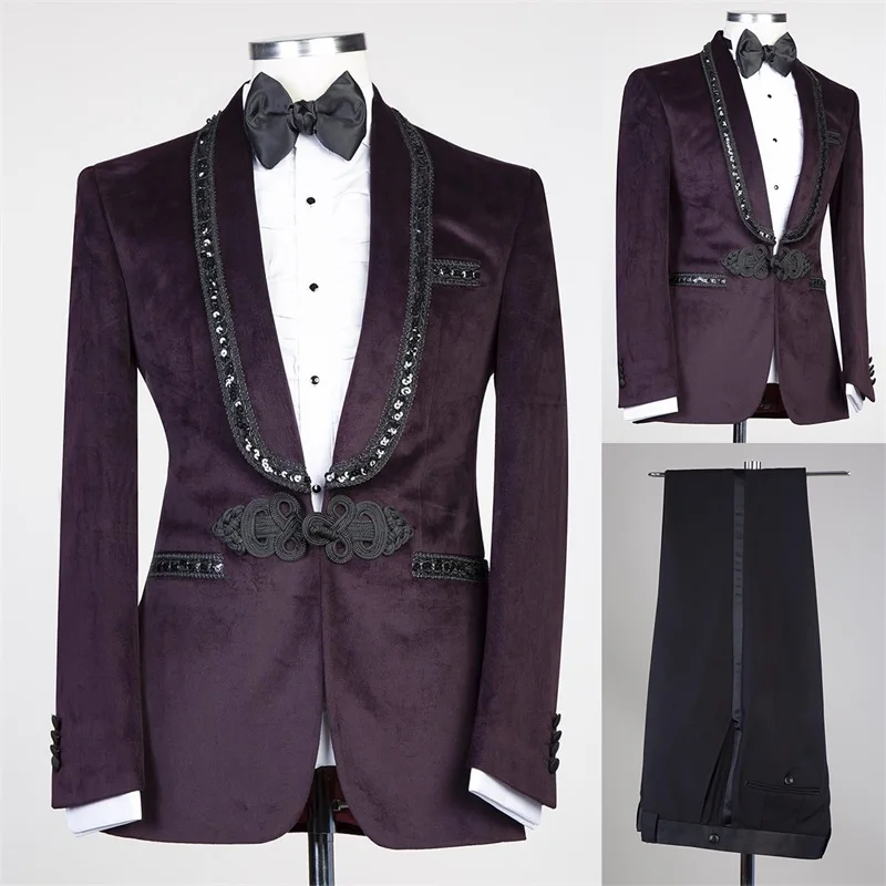 Roxo 2 Peças Homens Ternos Set Para Casamento Veludo Formal Noivo Tuxedo Blazer + Calças Custom Made Brilhante Lantejoulas Prom Dress Masculino Casaco