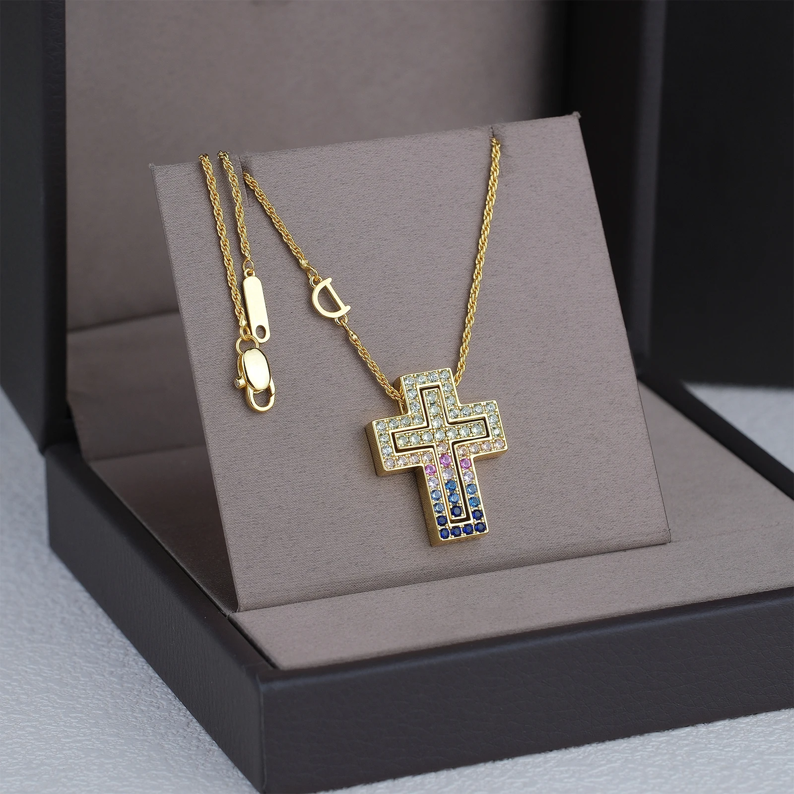 925 Sterling Silver High-End Double Cross Necklace Rainbow Zircon Women Gothic Bless Cross Necklaces Detachable Rose Gold Plated