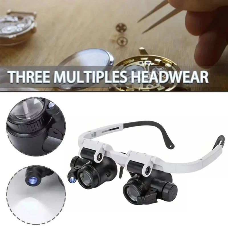 Head-Mounted Magnifying Glass, Adjustable Magnifying Glass and LED 8X 15X Watch Jeweler's Close-Up Work for Repairing Glasses
