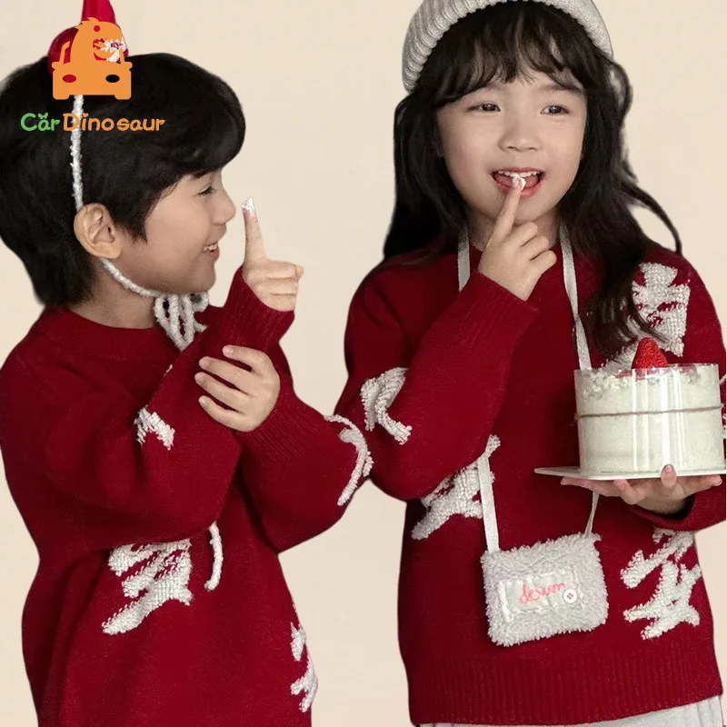 1-12 Year Sibling Girl Boy Knitted Tops S-3XL Adults Mom Dad Brother Sister Family Matching Outfits Red Chinese New Year Sweater