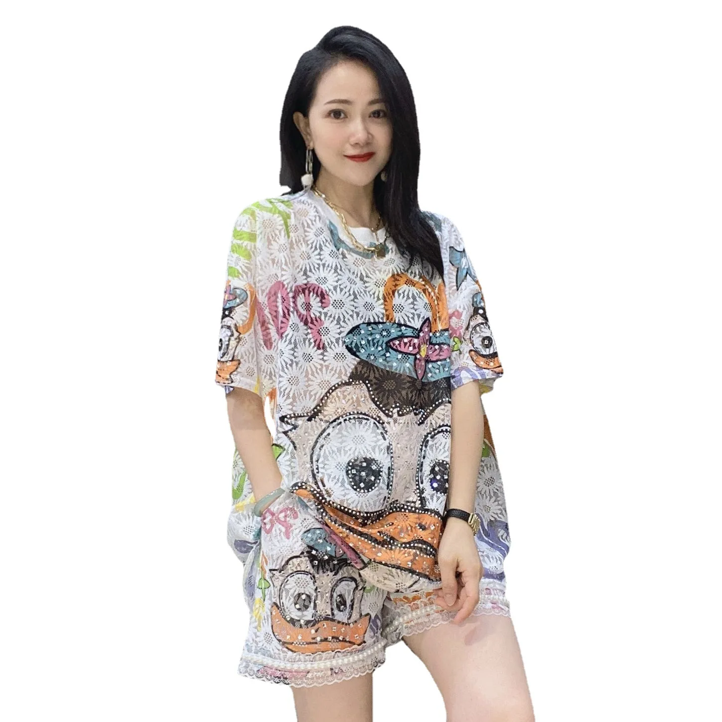 2023 Summer Clothing for Women Two Piece Sets Loose Cartoon Diamonds Tracksuit Perspective Lace Casual Knitting Tops and Shorts