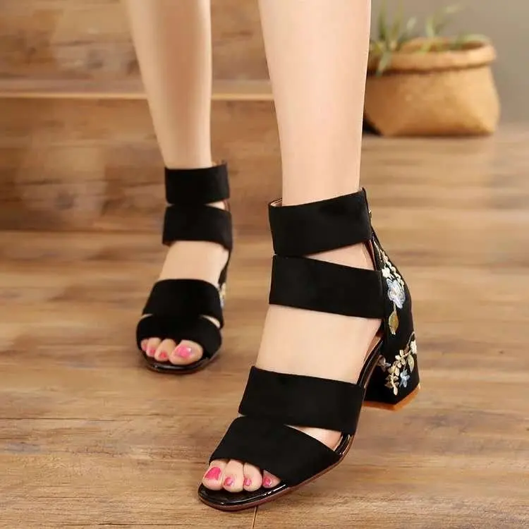 LazySeal Embroider Women Sandals Shoes Zipper Cross Tied Upper Med Heels Gladiator Sandals For Ladies Sandalias Mujer Size 42