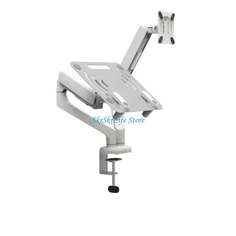 E65E Desk Mount Monitor and Laptop Arm, Gas Spring Adjustable Stand for Double Device Viewing and Organized Cable Routing