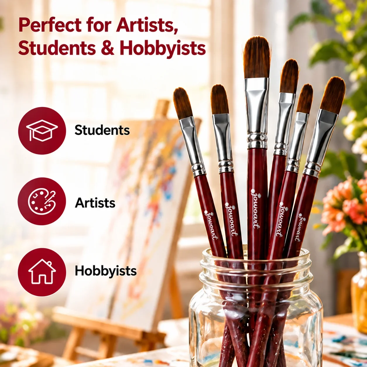 Jowoart 6-Piece Nylon Animal Hair Filbert Paint Brush Set with Burgundy Long Wooden Handles for Oil Acrylic and Gouache Art Tool
