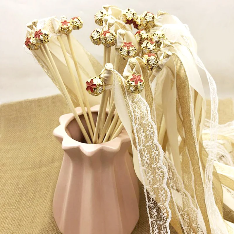 5Pcs Ribbon Wedding Wands Wedding Lace Ribbon Stick Bells Twirling Streamers