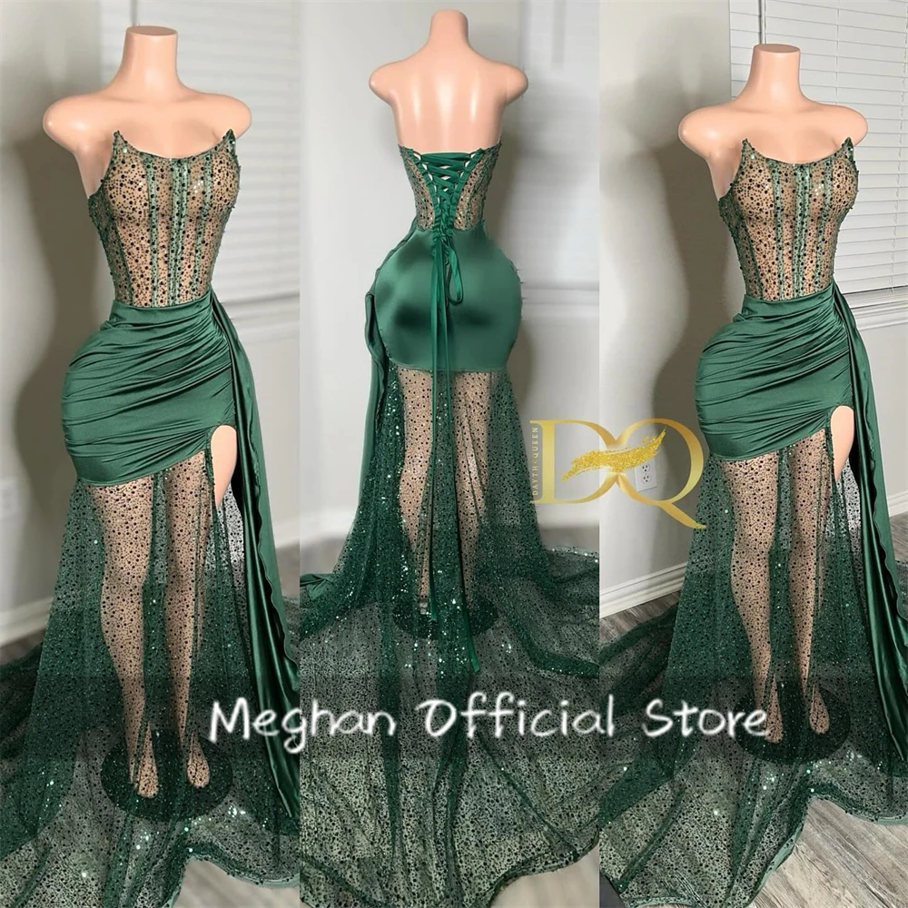 Verde sem alças plissado longo vestidos de baile preto meninas grânulo 2025 aniversário vestido de luxo lantejoulas vestido de formatura com divisão personalizado