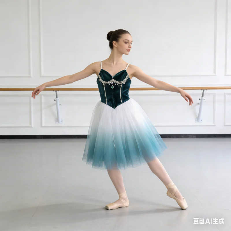 Thin Strap Ballet Performance Dress V Neck Tassel Rhinestone Contrast Gradient Mesh Midi Skirt Dancewear Suitable For Stage Show