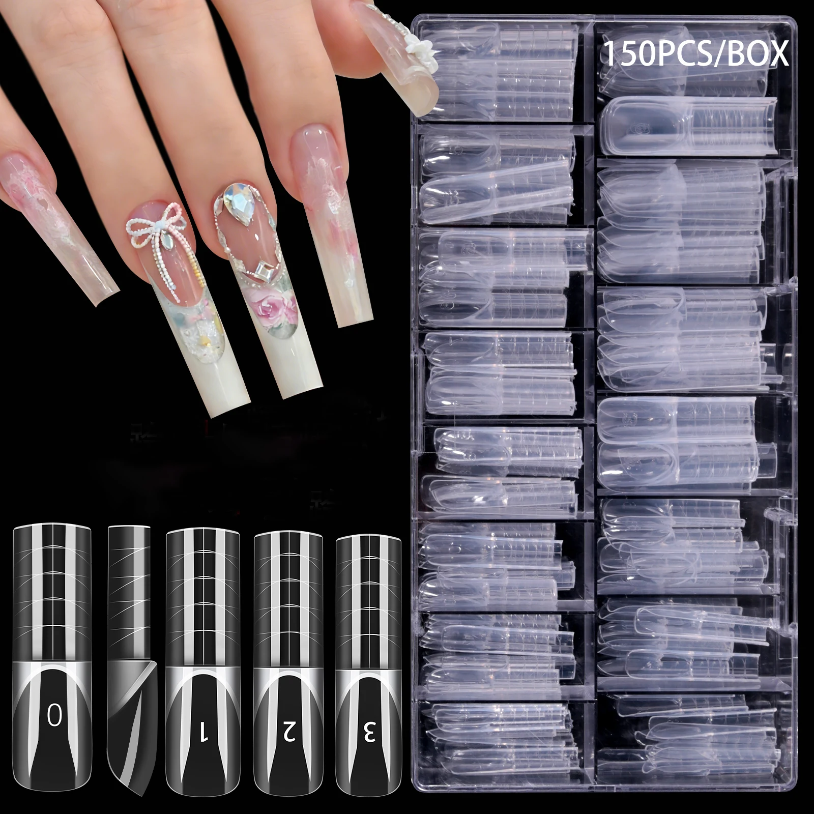 15 Sizes Square Full Cover 150pcs Space French Nail Dual Forms Reusable Nail Extension Mold With Featuring Auxiliary Lines Tools