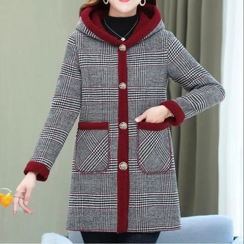 New Women's Add Velvet Plaid Coat Warm Padded Jacket Winter Cold-Proof Hooded Parker Overcoat Female Long Cotton Clothing 6XL