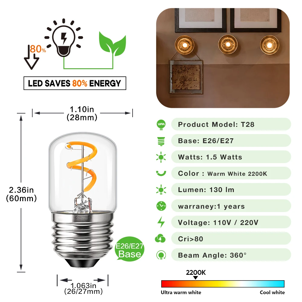 4PCS Decorative LED Bulbs E27 1.5W T28 Vintage Edison Light Lamp Chandelier Candle Replacement Dimmable Spiral LED Filament Bulb