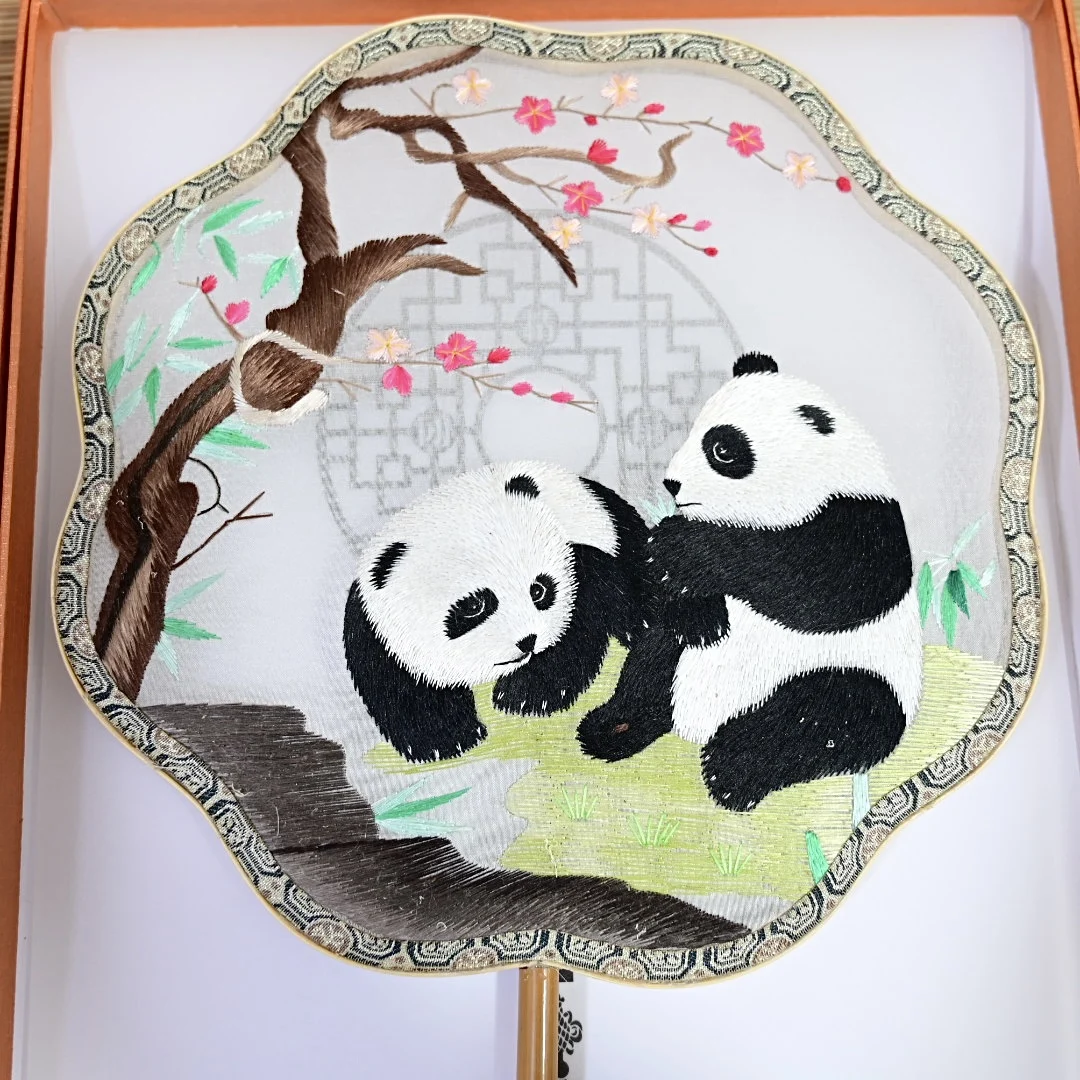 Vintage Panda Chinese Silk Hand Fans Handles Women Gifts Handwork Fine Double Embroidery Mulberry Traditional Craft