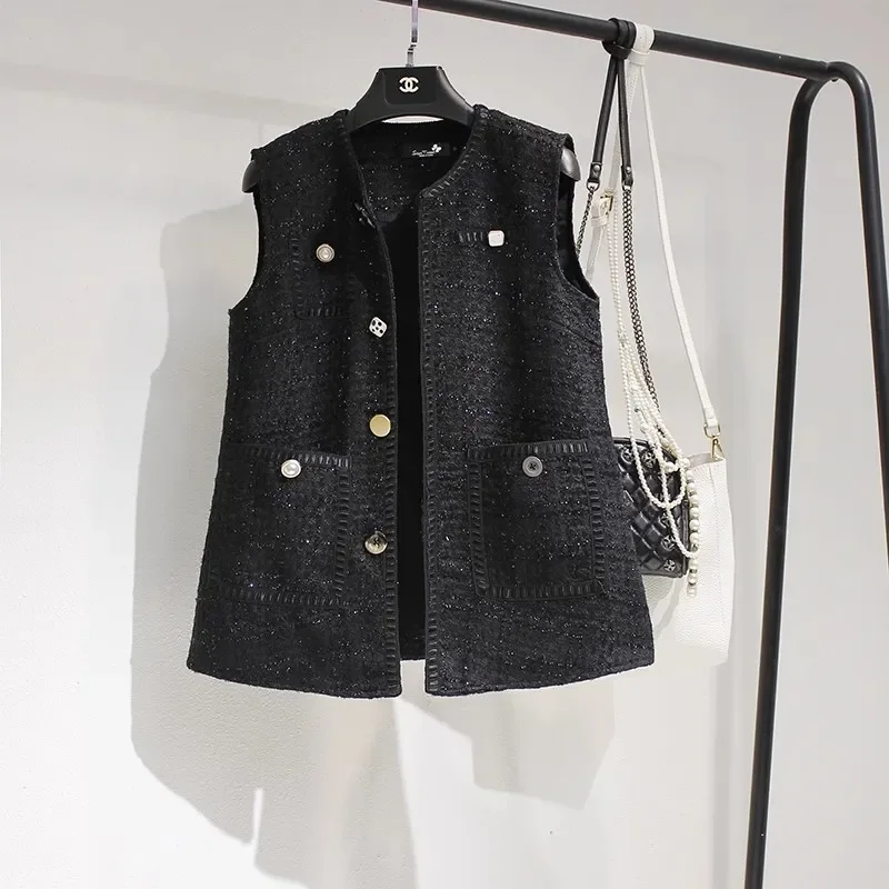 

Autumn Winter 2025 V Neck Tweed Vest Women Vintage Elegant Loose Casual Sleeveless Jacket Tops French Style Chic Waistcoat