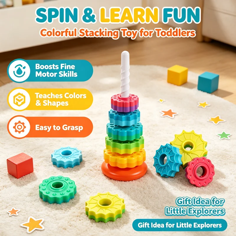 Montessori Rotating Rainbow Tower Baby Stacking Puzzle Toy Colorful Educational Gift Safe Environment Friendly Toddler Play Ramp