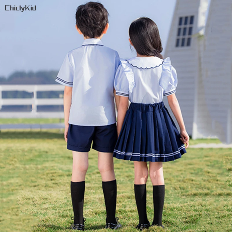 Boys British Shirt Tie Shorts Girls Peter Pan Collar Blouse Skirts Kids Toddler Cute Clothes Sets Children Summer School Uniform
