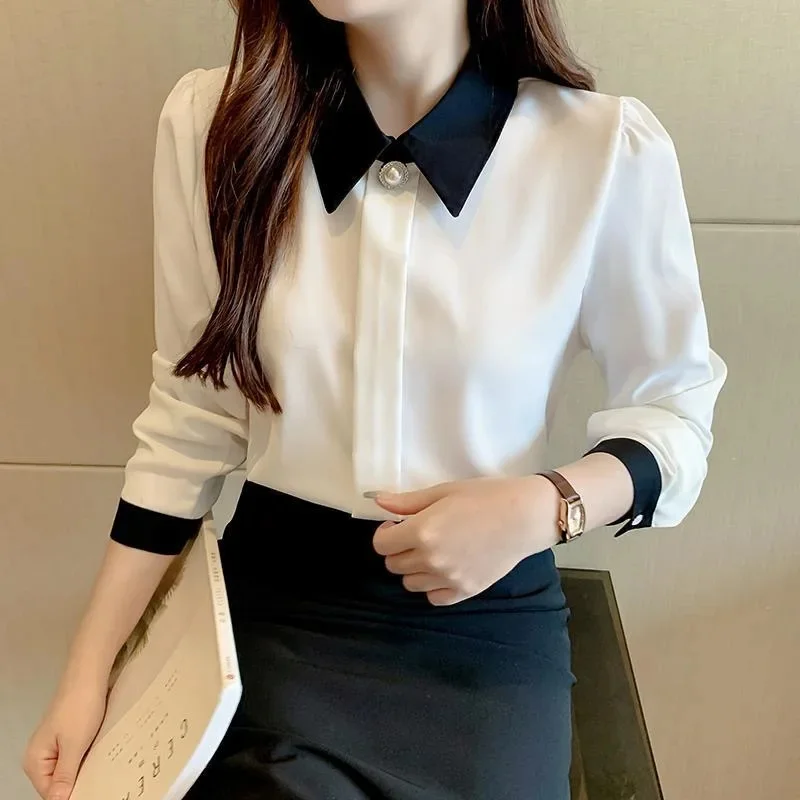 เสื้อผู้หญิงสไตล์ฤดูใบไม้ผลิและฤดูใบไม้ร่วง เสื้อเชิ้ตผู้หญิงลำลอง แขนยาว ปกพับลง เสื้อเบลาส์