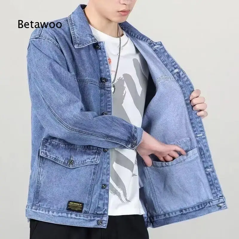 Men Lapel Button Up Denim Jacket Loose Fit Wear Resistant Cargo Outerwear for Autumn Winter Street Casual Wear