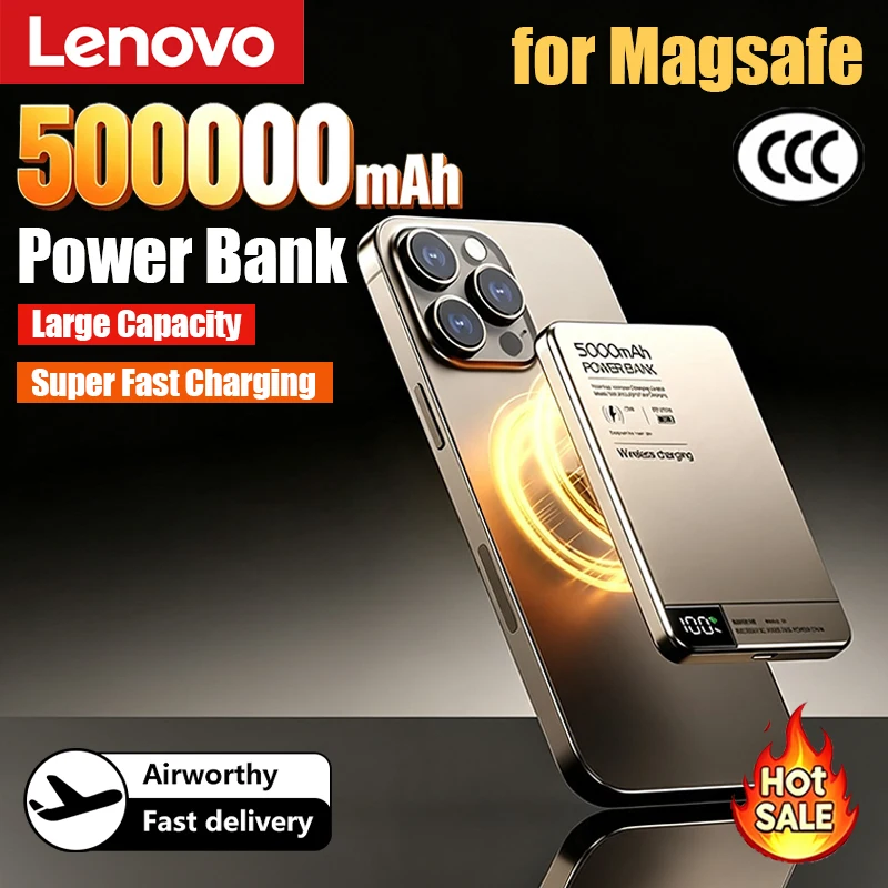 Bateria Externa Magnética Lenovo 500000mAh com Carregamento Super Rápido Sem Fio para Magsafe, Powerbank para iPhone 17/16/15/14