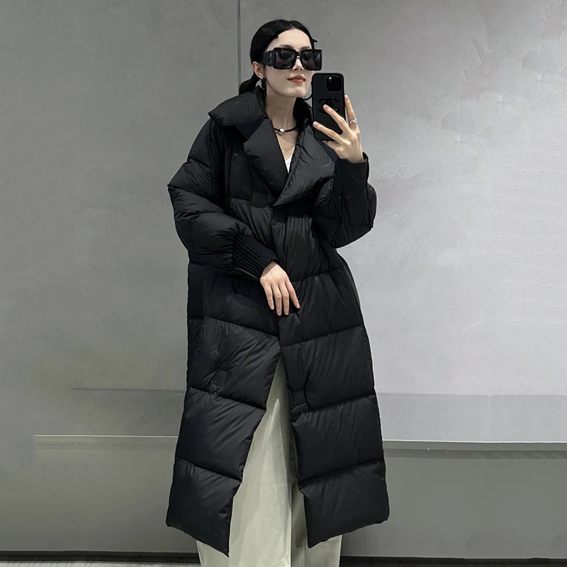 Winter 90 White Duck Down Knee Length Long Jacket Warm Thick Snowwear Down Jackets Women Long Sleeves Oversized Cotton Jacket