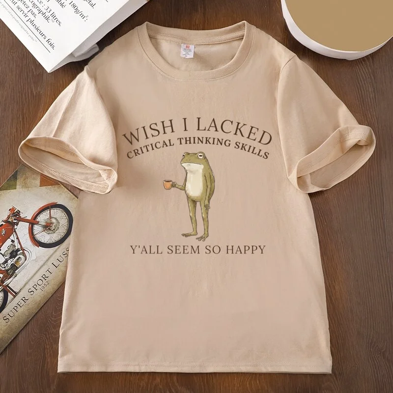 Ich wünschte, ich hätte keine Fähigkeiten zum kritischen Denken T-Shirt Lustiges Frosch-Meme Grafik-T-Shirt Baumwolle Kurzarm Bedrucktes Rundhals-T-Shirt – Detail 5