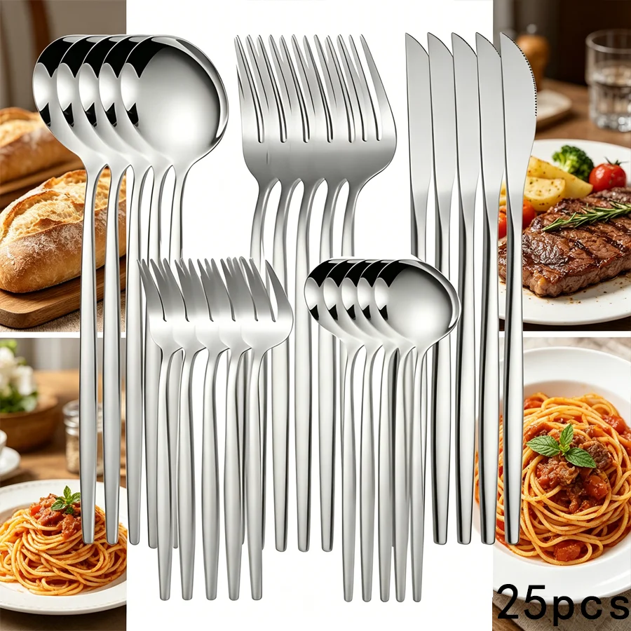 25-piece silver stainless steel cutlery set, exquisite silver cutlery set, including dinner knife, salad fork, dessert spoon, an
