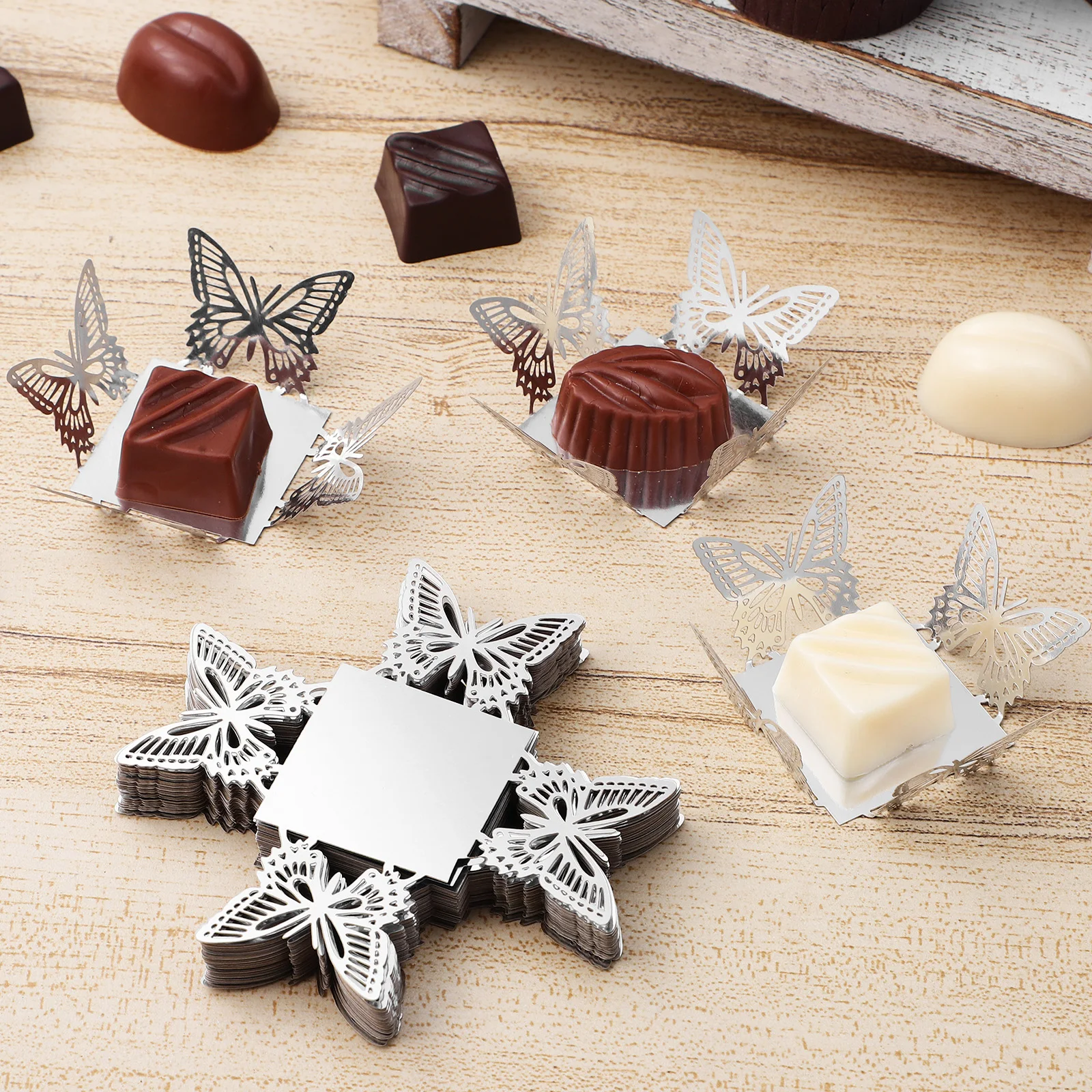 

50 pcs Cupcake Liners Butterfly Shape Silver Truffle Wrappers Chocolate Cups Paper Dessert Baking Party Home Use