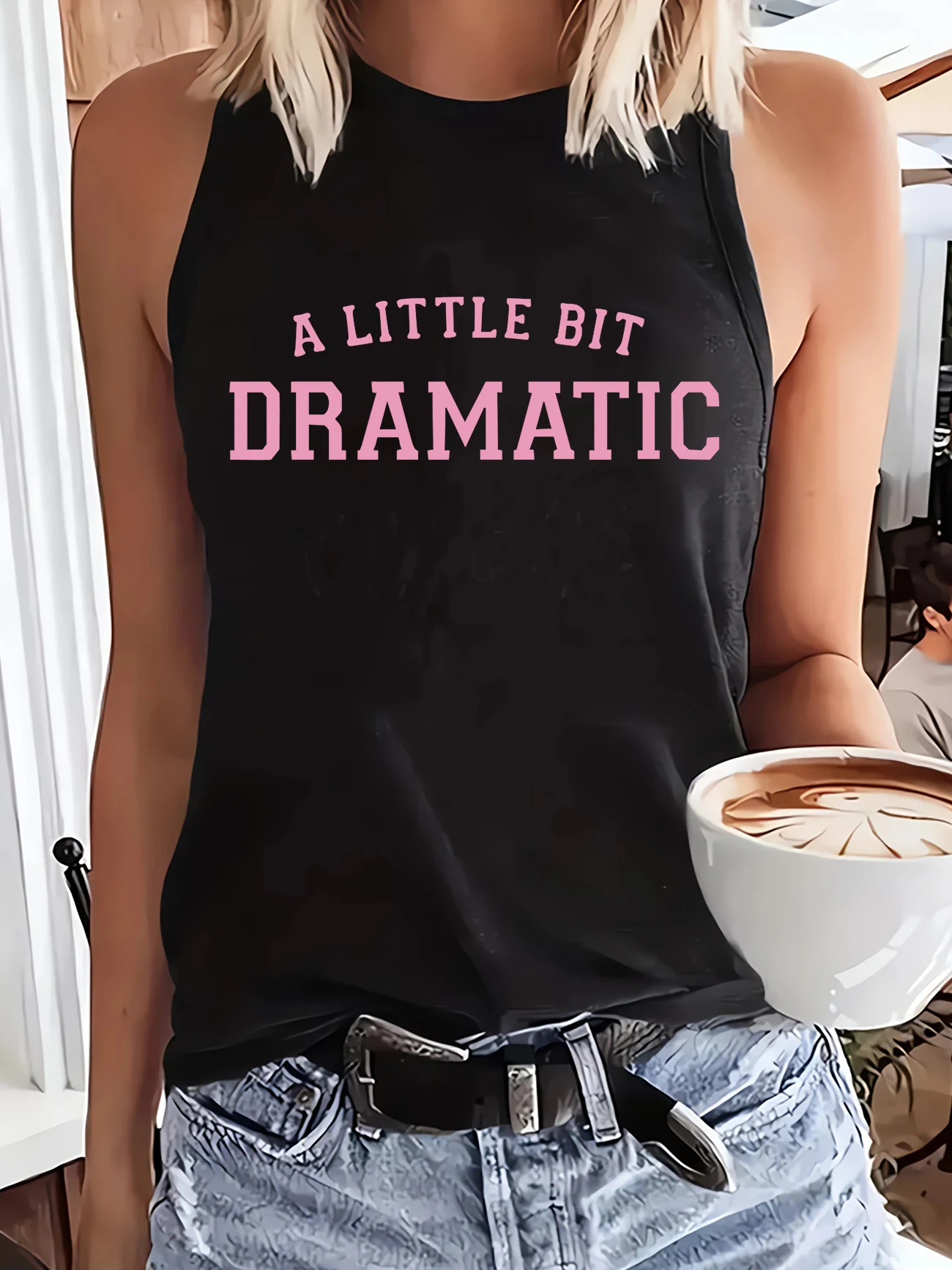Y2k A Little Bit Dramatic letter Print Vest T-shirt Tshirt Graphic Tank Top Women’s Sleeveless Crew Neck
