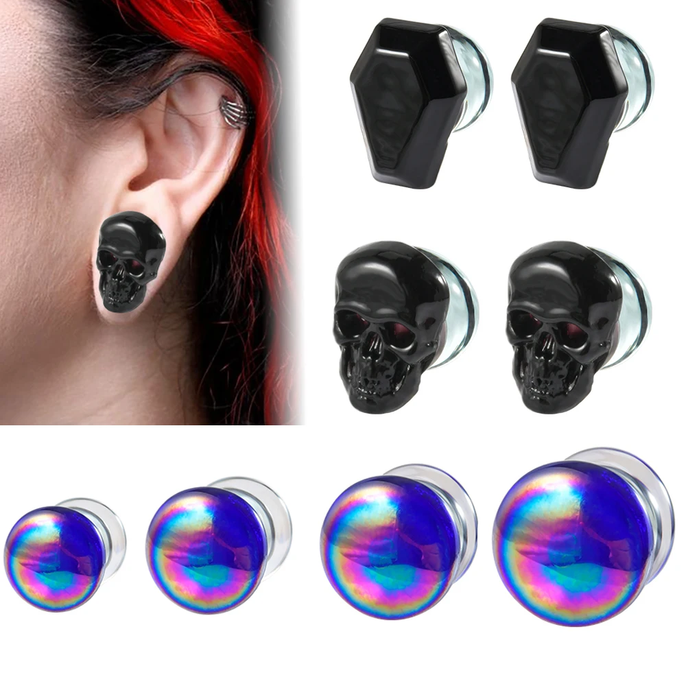 2 قطعة التابوت الأسود والجمجمة متوهج الأذن الأنفاق المقابس قوس قزح جولة المتوسع نقالات الأذن مقاييس ثقب مجوهرات للجسم