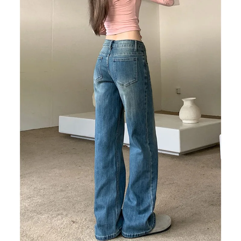 American Retro Blue Straight Leg Denim Jeans Women Stretch Slim Fit High Waist Trousers