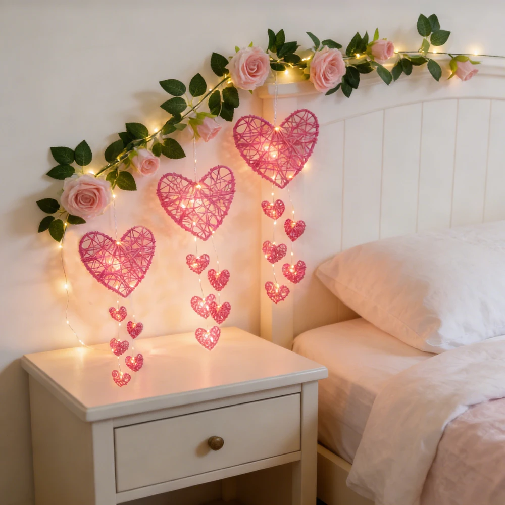 Led Warm Light String Lights in the Shape of Heart-Shaped Rose Vines, Romantic Decoration, Suitable for Valentine's Day, Proposals, Weddings, Bedroom Walls, and Windowsills