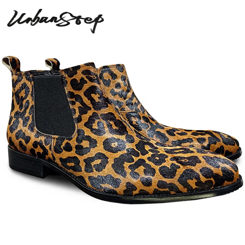 

LUXURY MEN'S BOOTS LEOPARD PRINT HORSEHAIR SHOES SLIP ON ANKLE BOOTS CASUAL MENS DRESS SHOES WINTER CHELSEA BOOTS MEN