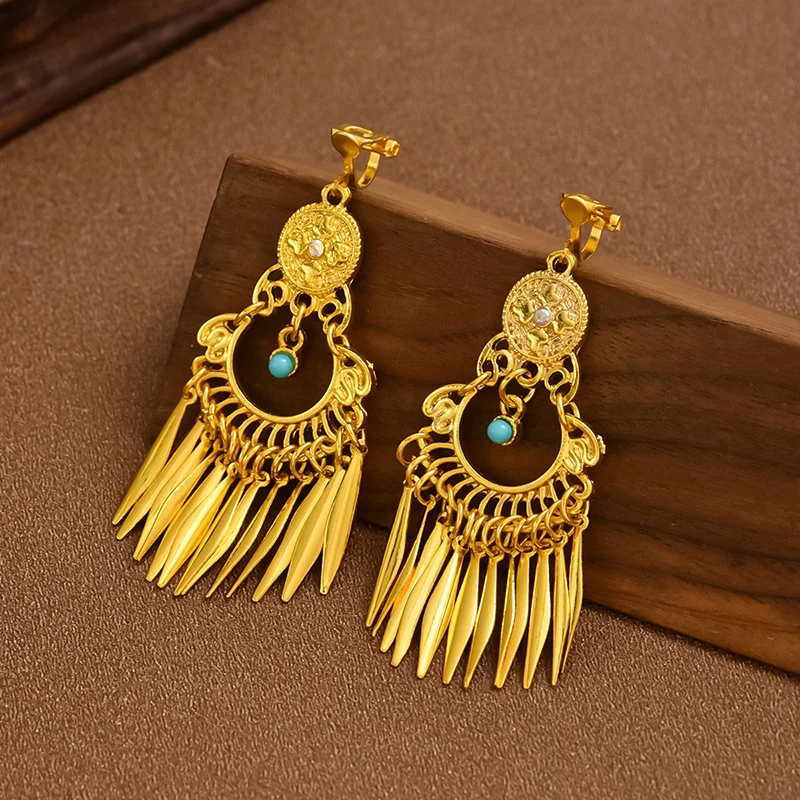 Vintage Palace Colorful Rhinestone Ear Clips for Women Bohemian Tassel Ethnic Dangle Earrings Non Piercing Fashion Party Jewelry