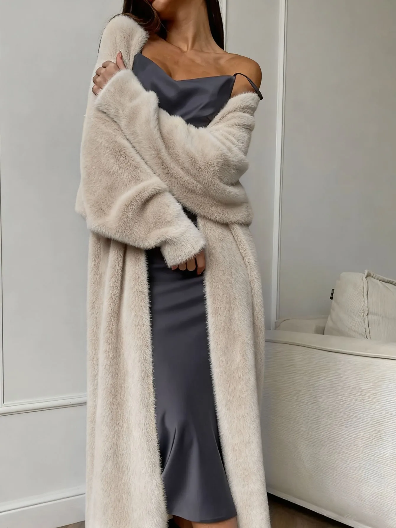 Women's Thick Loose Fit Collarless Cardigan Jacket with Lantern Sleeve Solid Color Wrinkle Resistant Streetwear Winter Coat