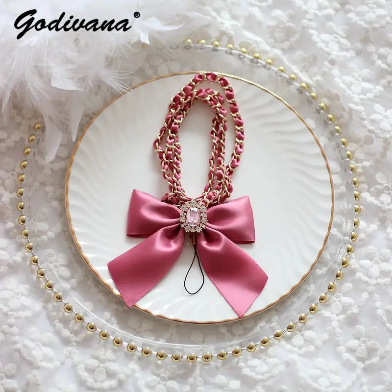 

Japanese Handmade Mobile Phone Charm Halter Pearl Rhinestone Bow Pearl Chain Bag Pedants Cute Girl Hand Carrying Chain Pedants