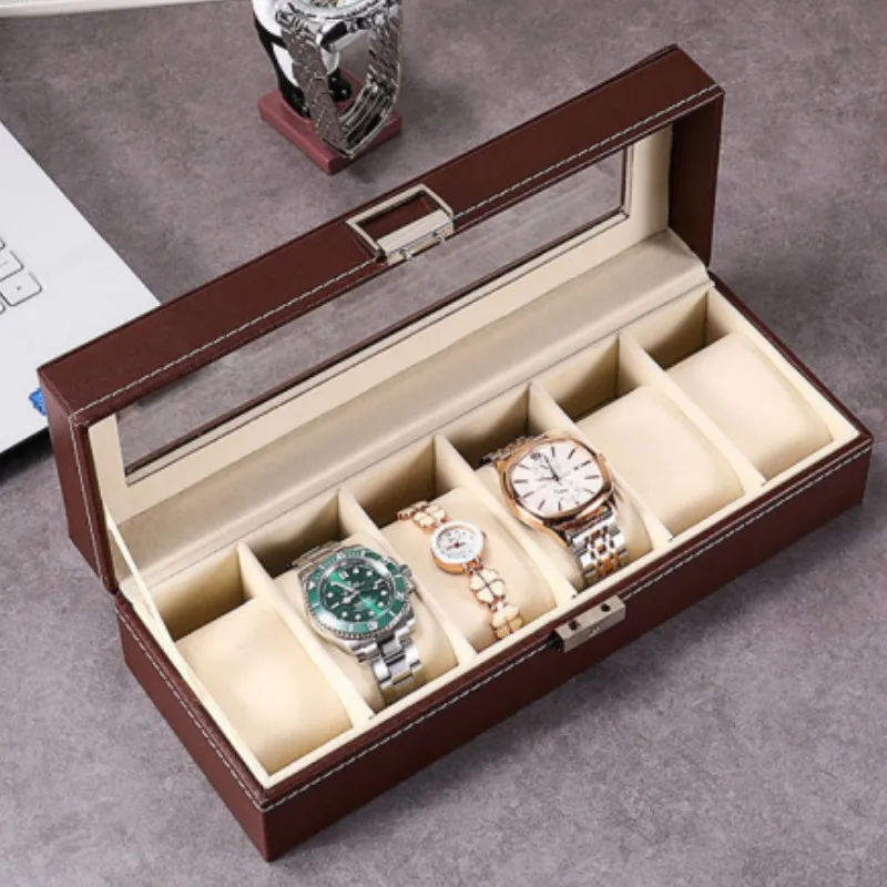 

6 Grids Leather Watch Box Display Case Holder Black Storage Box Glass Jewelry Organizer for Men & Women Best Gift Box