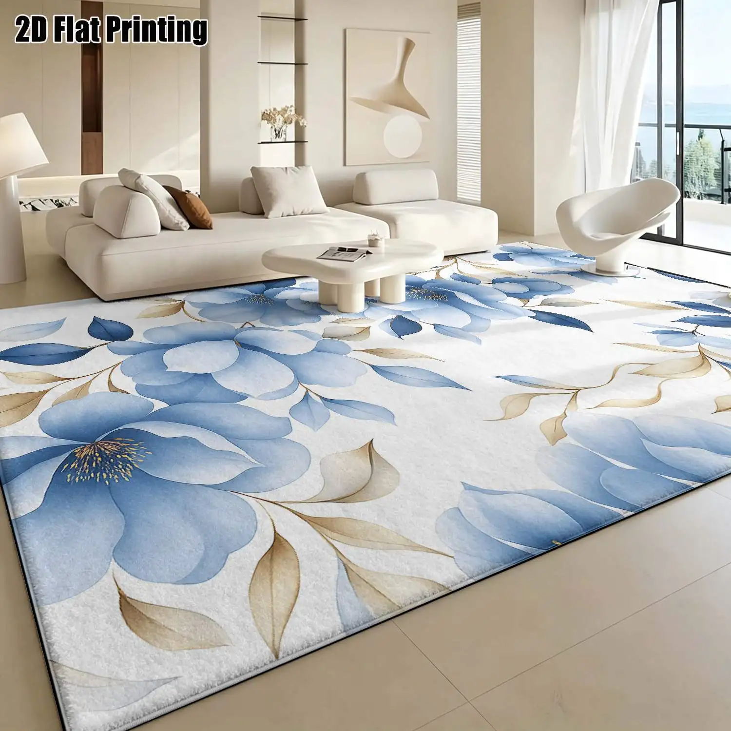 1Pc 2D Printed Carpet: Fresh Blue-White Floral Nordic/Instagram Modern Minimalist Style, Multi-Size, Machine Washable, Ideal for Entryway, Dining Room, Foyer, Living Room, Bedroom, Study Home Decor