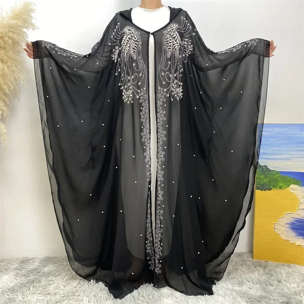 

2025 New Chiffon Beading Open Abaya Muslim Dress Kaftan Party Abaya Turkey Dubai Prayer Robe Festival For Lady Oversized Abayas